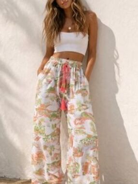 Cynthia Rowley Mediterraen Wide-Leg Pants with Coral & Green Print